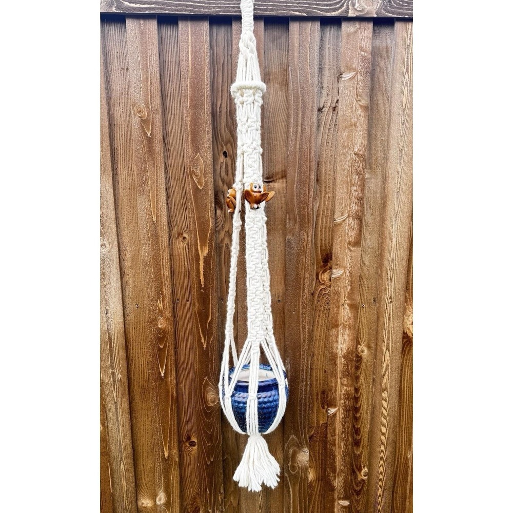 Macrame Cream Plant Hanger Boho 70s Hanging Planter w/ Owl Accents 58" Long